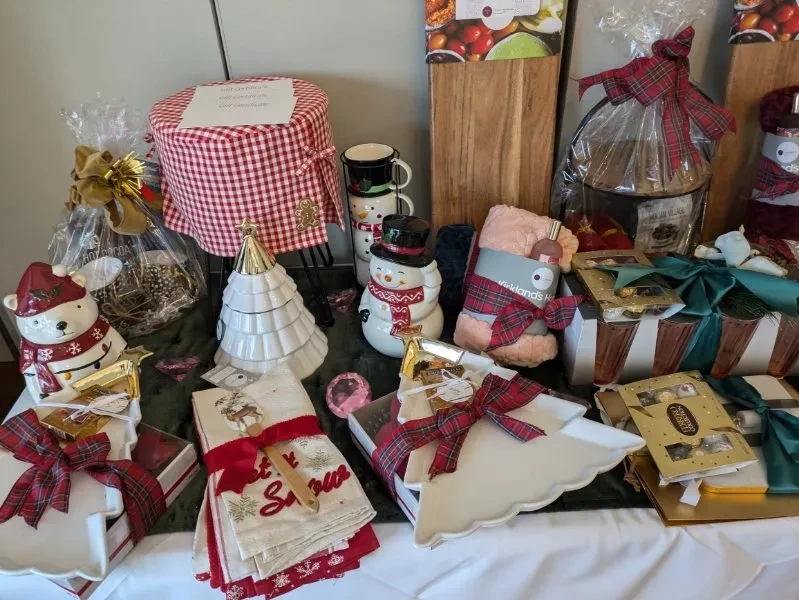 Holiday gift table with festive wrapped presents